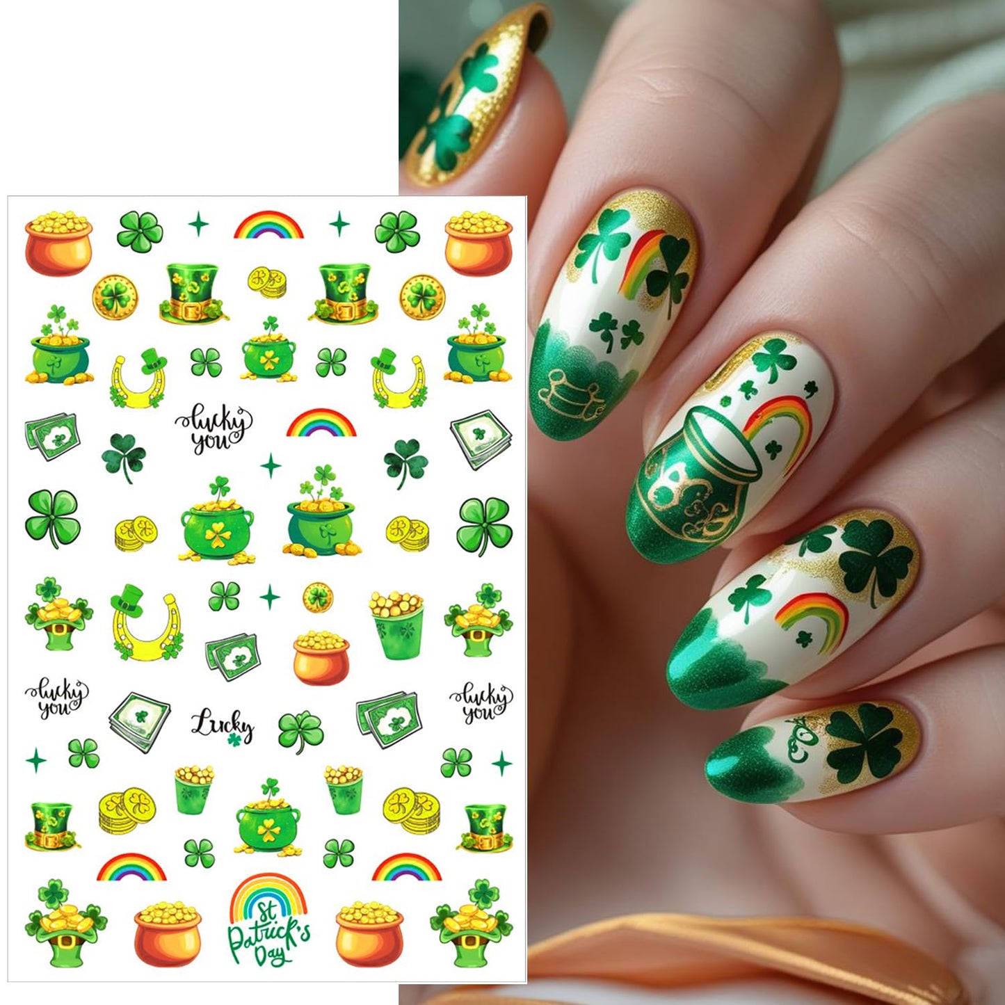 6Pcs St. Patrick's Day Nail Stickers Set Customized and Unique Irish Shamrock 3D Self-Adhesive Nail Decals Lucky Clover Four Leaf Design Green Shamrock Sticker for Saint Patricks Day Nail Decoration