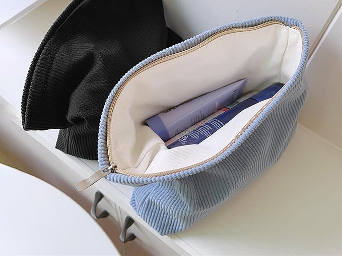 HAPPYHEIDI Large Corduroy Makeup Bag Compartment Cosmetic Toiletry Travel Accessory Pouch Purse Organizer, Soft Misty Blue