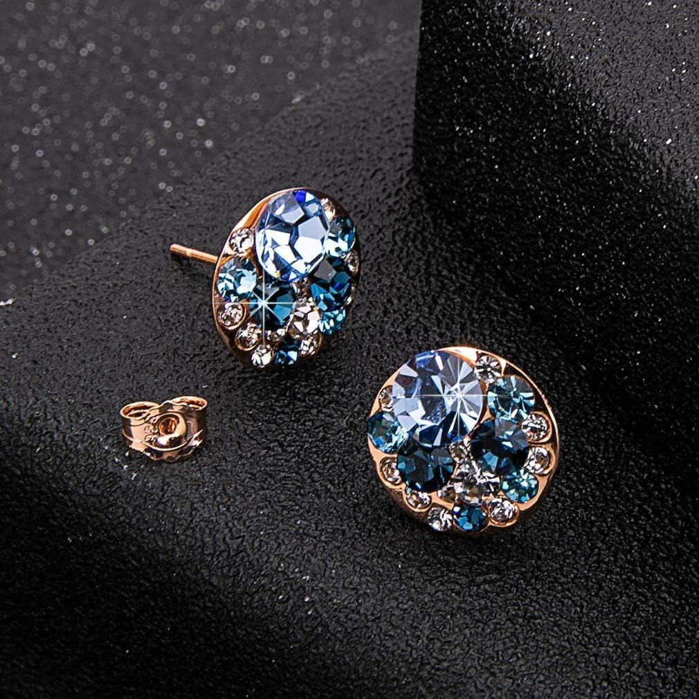 Multicolored Austrian Crystal Rhinestone Stud Earrings for Women Fashion S925 Sterling Silver Hypoallergenic Jewelry (Blue Main Crystal/Rose Gold-tone)