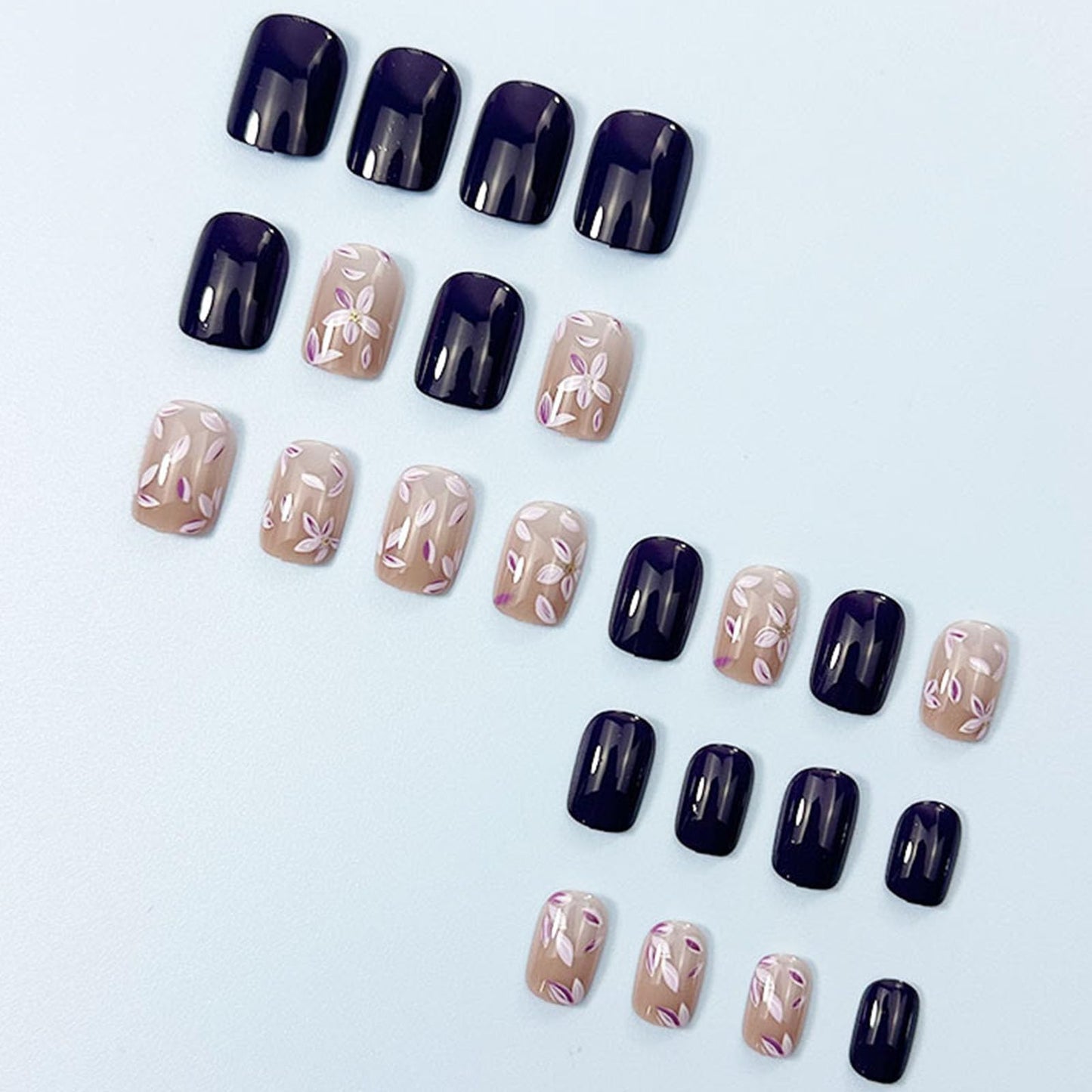 Square Press on Nails Short Fake Nails with Flower Leaves Designs Nails Press ons Purple Nude Glue on Nails Glossy Artificial Nails Simple False Nails Spring Summer Stick on Nails for Women 24Pcs