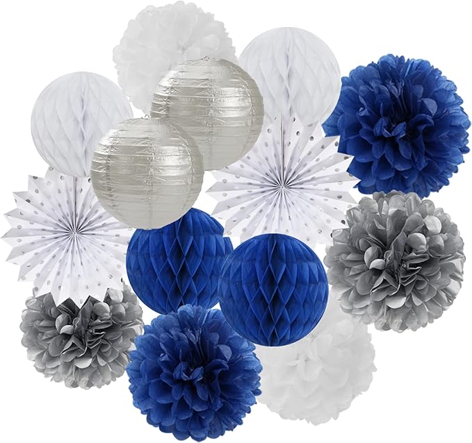 Navy-Blue White Silver Party Decorations - 14pcs Kits Paper Lanterns Fan,Tissue Flower Pom Poms Streamers,Honeycomb Balls,Graduation 2025 Men Birthday Wedding Baby Bridal Shower Decor Lasting Surprise