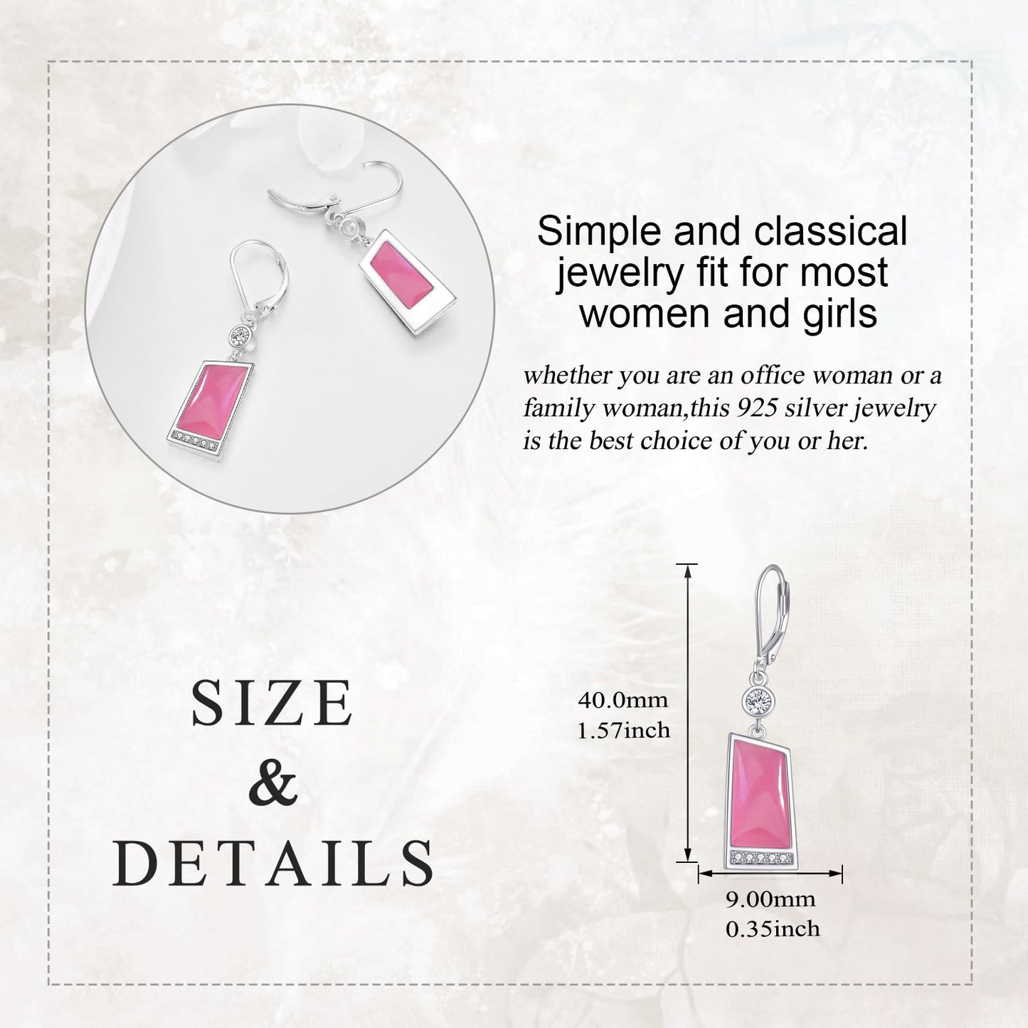 Pink Earrings Sterling Silver Pink Drop Earrings Geometry Leverback Dangle Earrings Jewelry Christmas Gifts for Women