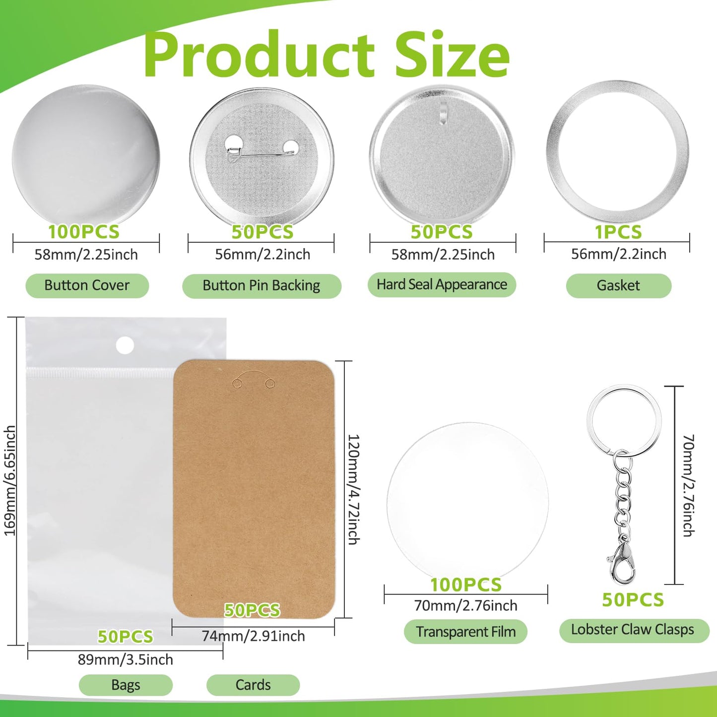 Esmorah 100 Sets (50 pin + 50 Keychain Sets) 58mm/2.25 inch Button Maker Supplies Gift, Keychain Pins Metal Round Badge Parts Making Kit for Button Maker Machine with Metal Cover