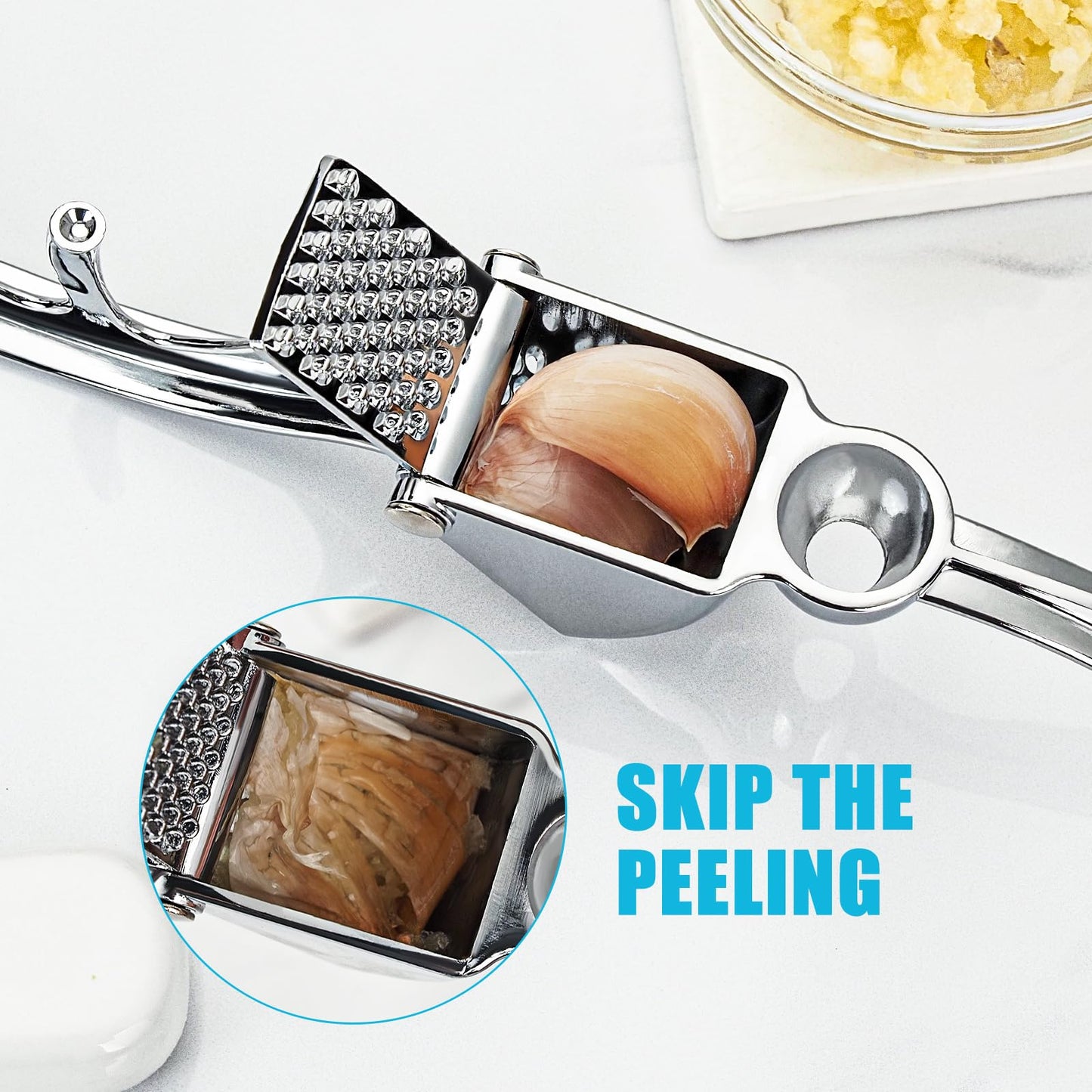COKORA Garlic Press, Premium Kitchen Metal Garlic Crusher Masher Tool, Rust Proof & Dishwasher Safe, Heavy Duty Professional Garlic Mincer with Ergonomic Handle, Easy to Squeeze and Clean -Silver