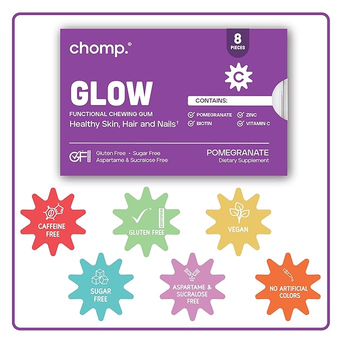 Chomp Gums - Glow - Beauty Gum (12 Pack) - Healthy Chewing Gum - Pomanox + Biotin + Zinc - Supports Healthy Skin, Hair, & Nails - Pomegranate Flavor - Gluten & Sugar Free - Aspartame & Sucralose Free