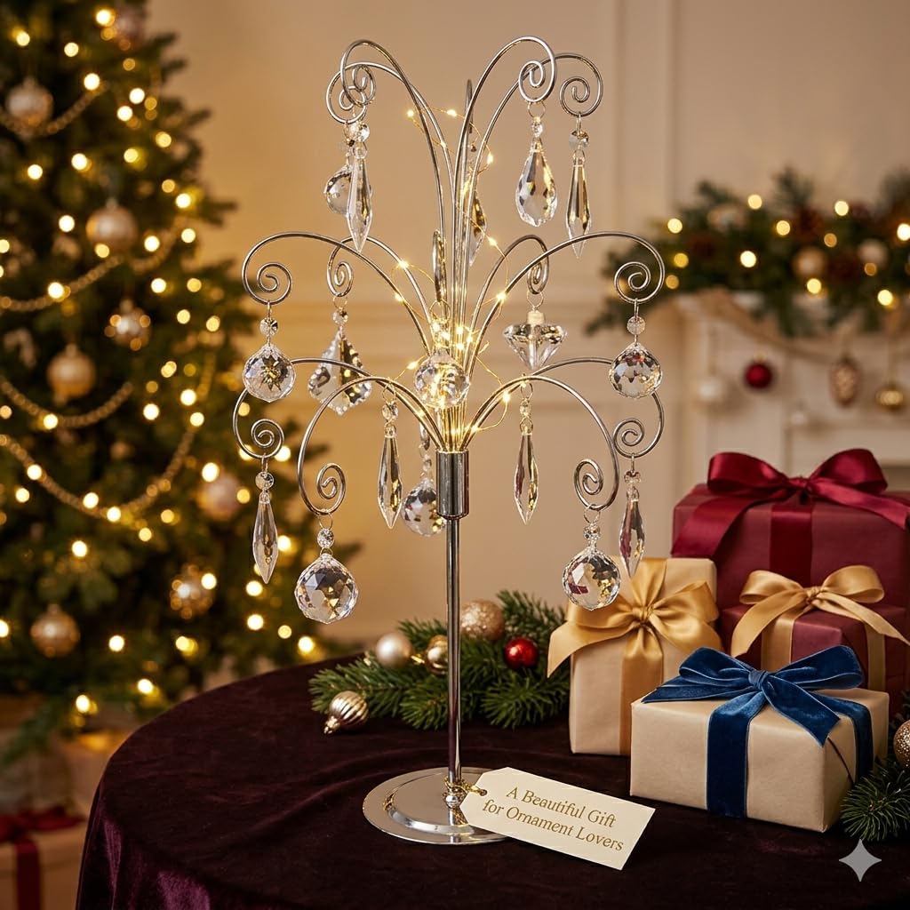 HOHIYA 20” Ornament Display Stand Chrome Silver Metal Hanging Tree Holder for Swarovski Crystal Glass Ornaments Tabletop Christmas Halloween Easter Decoration Display Rack