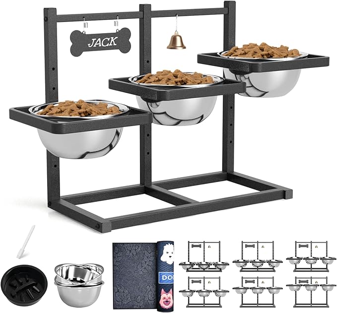 ADENGL Elevated Dog Bowls with Slow Feeder Dog Bowls, 5 Height Adjustable Raised Bowl Stand with 2 Stainless Steel Food & Water Container, Pet Bowl Elevated for Medium Large Pet