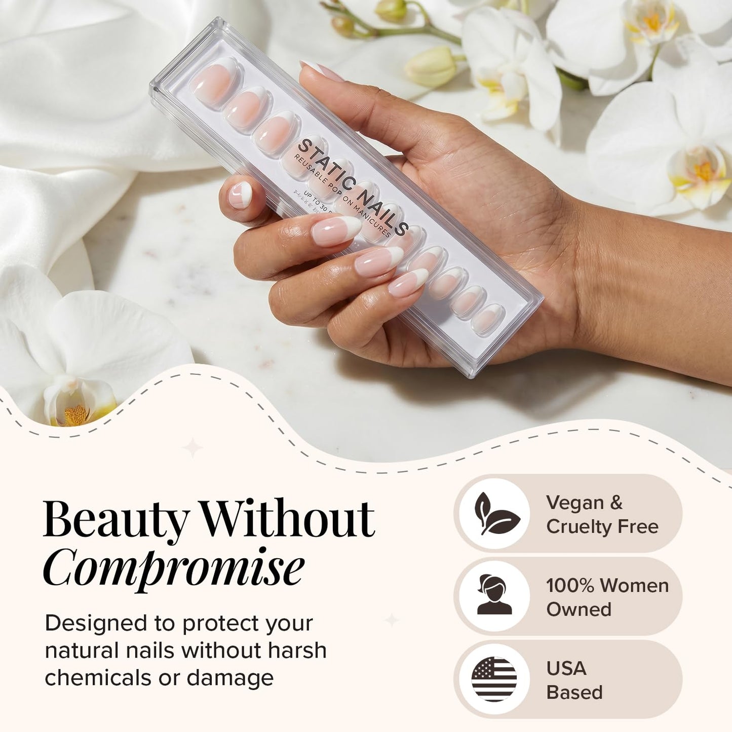 Static Nails Reusable Pop-On Manicures. French Tip Press On Nails, Short, Almond. Like-Acrylic, Salon Quality. Long Lasting & Can be Reapplied. Chic French. 30 PK/15 Sizes.