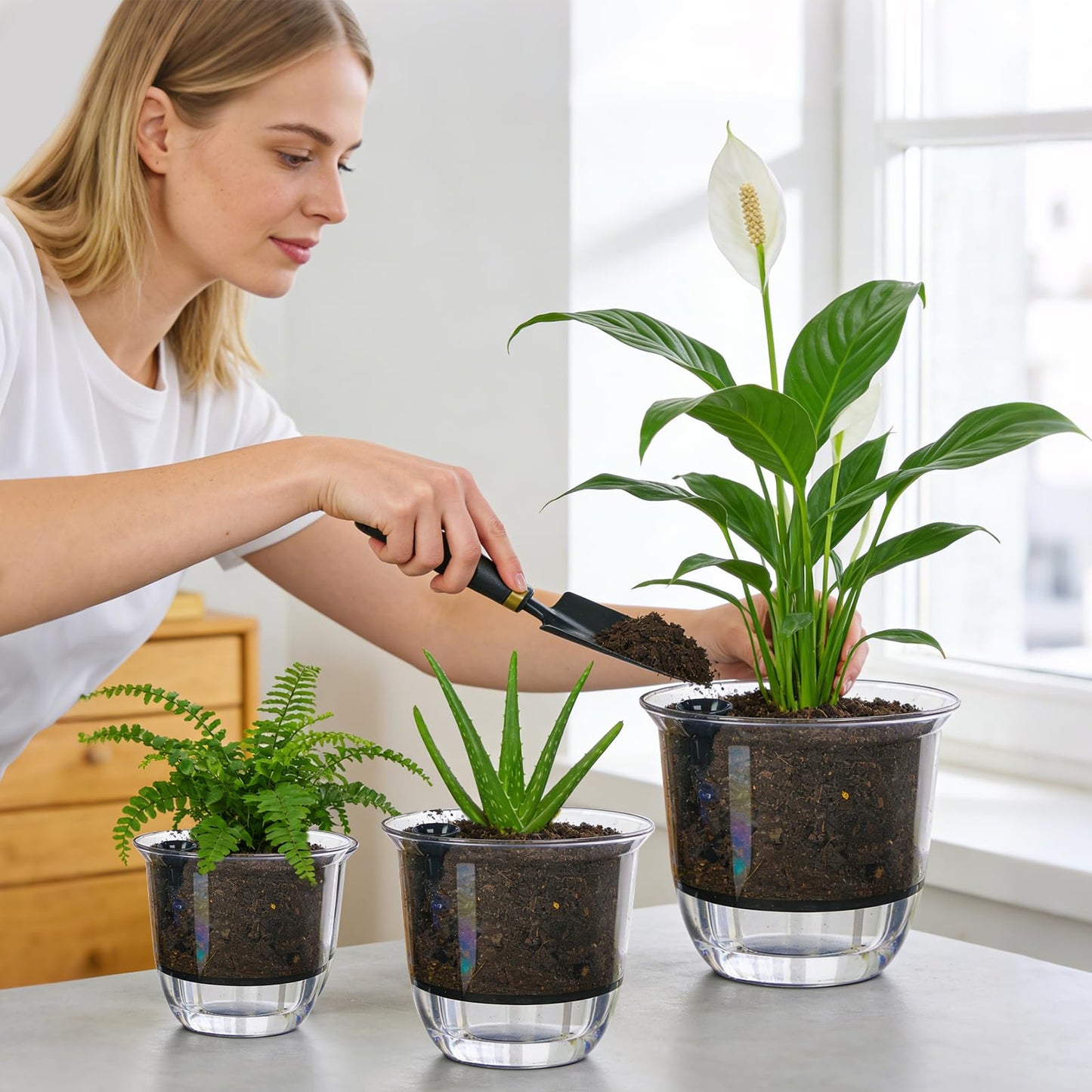 IWNTWY Self Watering Pots, 3 Pack 5 Inch Clear Plant Pot Self Watering Planter Flowers Pot with Deep Reservoir for Indoor Plants (3 Medium)