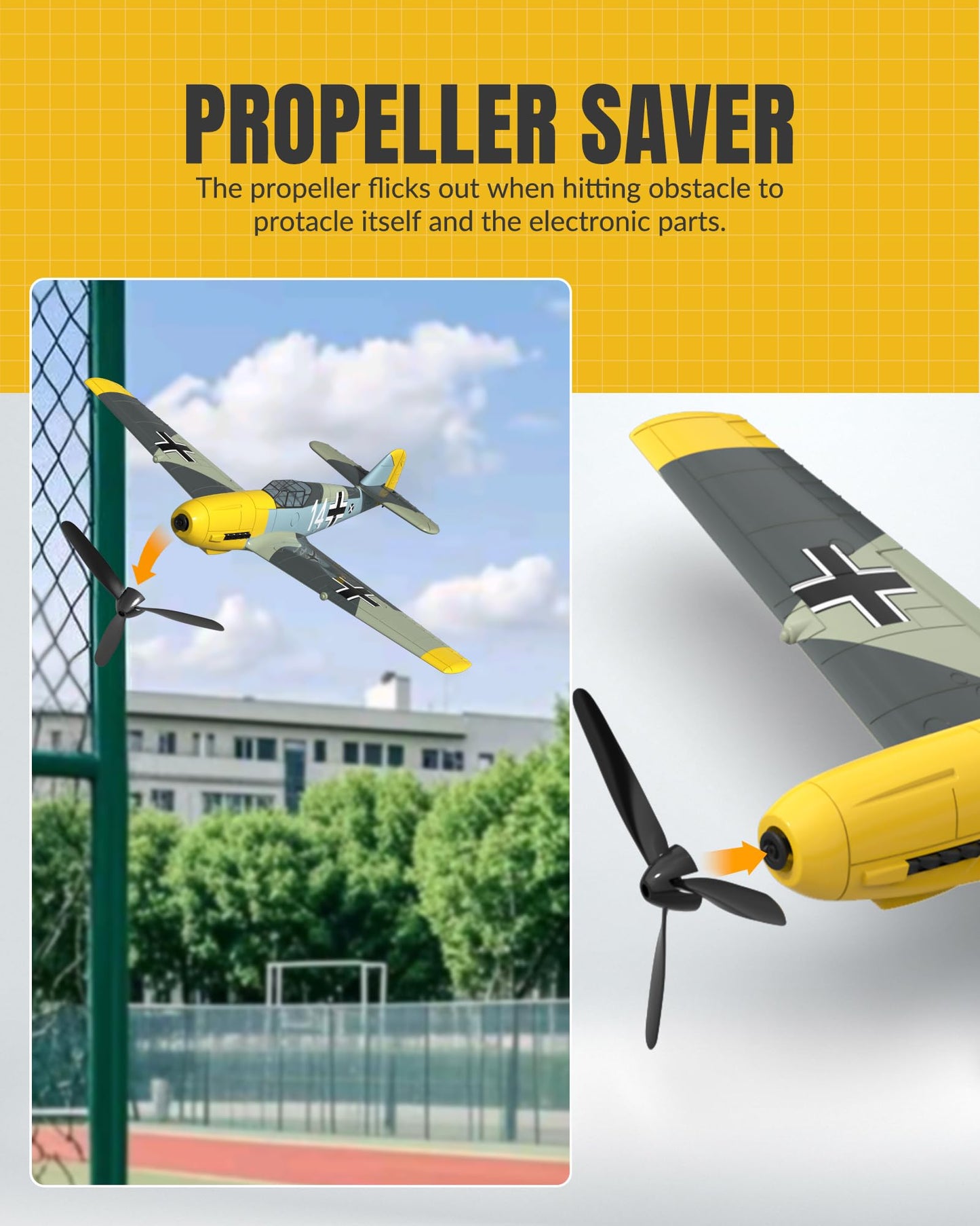 volantexrc RC Plane, 4 Channel Remote Control Airplane BF109 Fighter RTF with Aileron, Gyro, Aerobatics & 3 Modes Easy to Fly, Hobby Radio Controlled Aircraft for Beginners & Adults (Yellow)