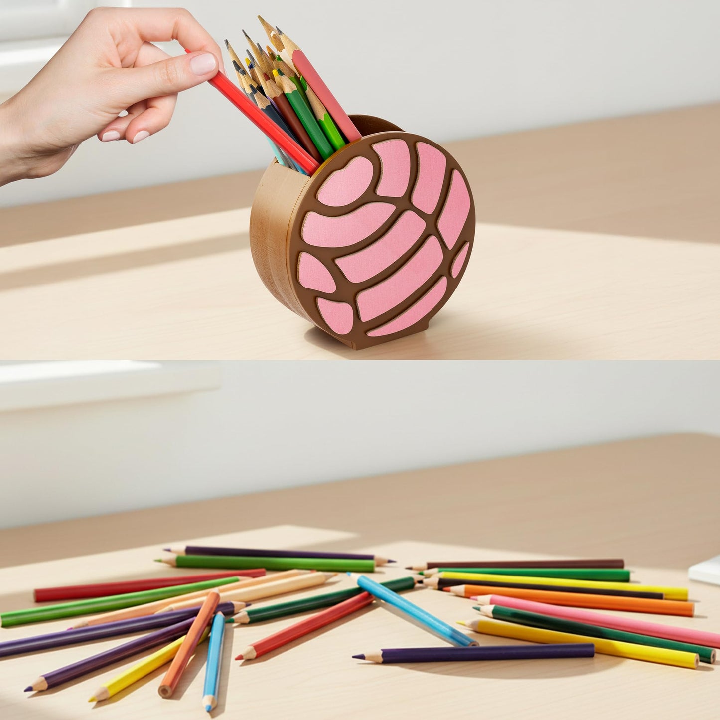 MALLMALL6 Mexico Concha Pencil Holder - 3D Mexican Bread Pink Wooden Pen Holder, Back to School Funny Caddy Case Gift for Kids, Desktop Storage Organizer for Classroom Teacher Office Makeup Brush