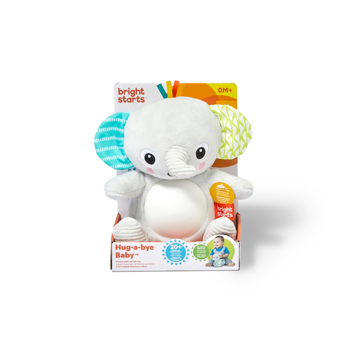 Bright Starts Hug-a-Bye Baby Elephant Stuffed Animal Musical Toy, Soft Toy Soother Plays Songs & Lights up, Newborn and up