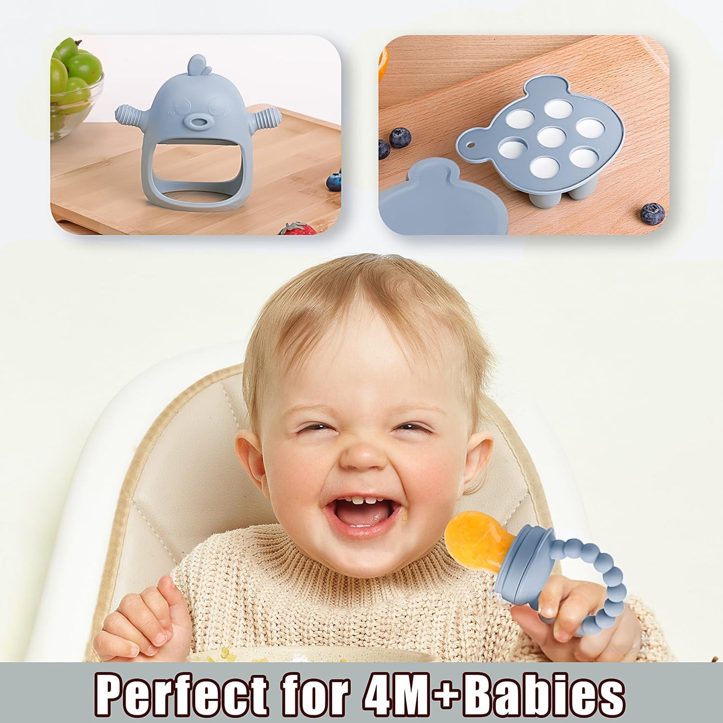 Gedebey 3-in-1 Baby Food & Fruit Feeder Set – Breastmilk Popsicle Mold with Freezer Tray, Teething Relief Toy, BPA Free Infant Silicone Feeding Combo, 3 Bonus Sizes (S/M/L) Sacs (Sky Blue)