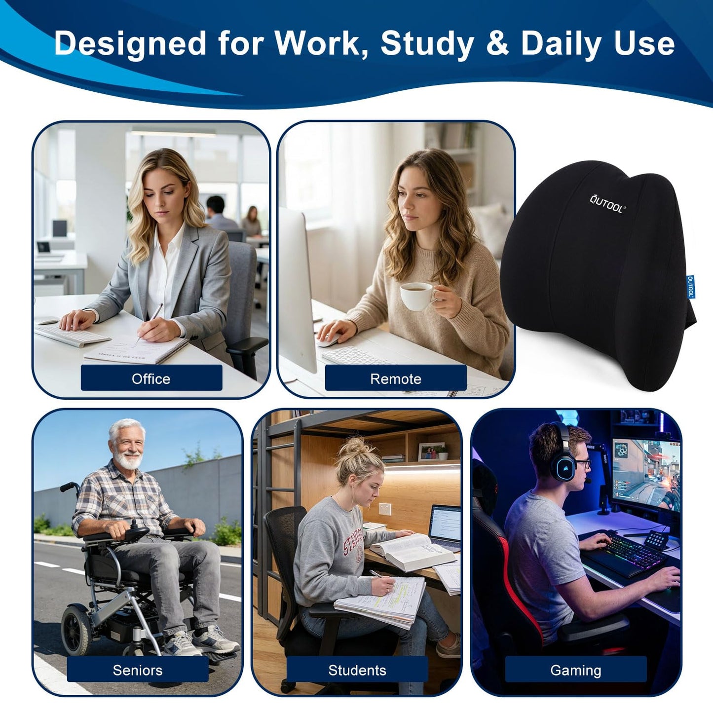 QUTOOL Lumbar Support Pillow for Office Chair, Memory Foam Low Back Support,Back Pain Relief, Ergonomic Back Cushion for Desk Chair,Gaming Chair,Adjustable Strap and Washable Cover