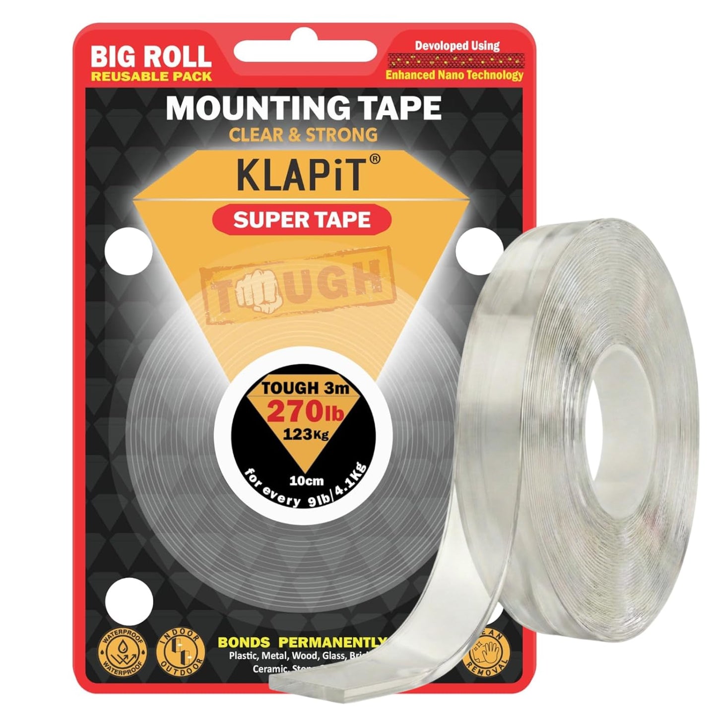 KLAPiT Super Tape 118in Clear Double Sided Heavy Duty Adhesive Tape, Enhanced Nano Technology Waterproof Mounting Tape, Holds 270 lbs 2.28lb per Inch