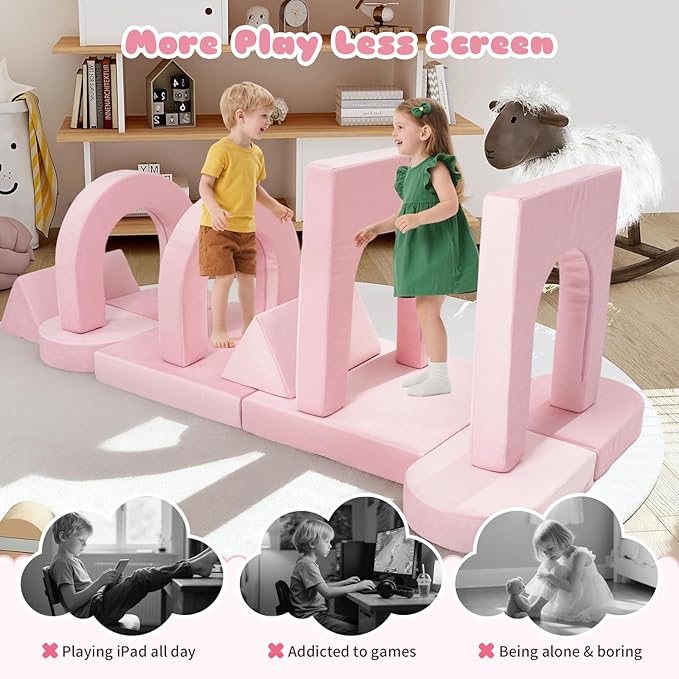 12 Pcs Modular Kids Play Couch, Toddler Couches That Fold Out, Plush Foam Chair for Children’s Playroom, Velvet Fabric Convertible Foam and Floor Cushion for Boys and Girls (Pink,07)