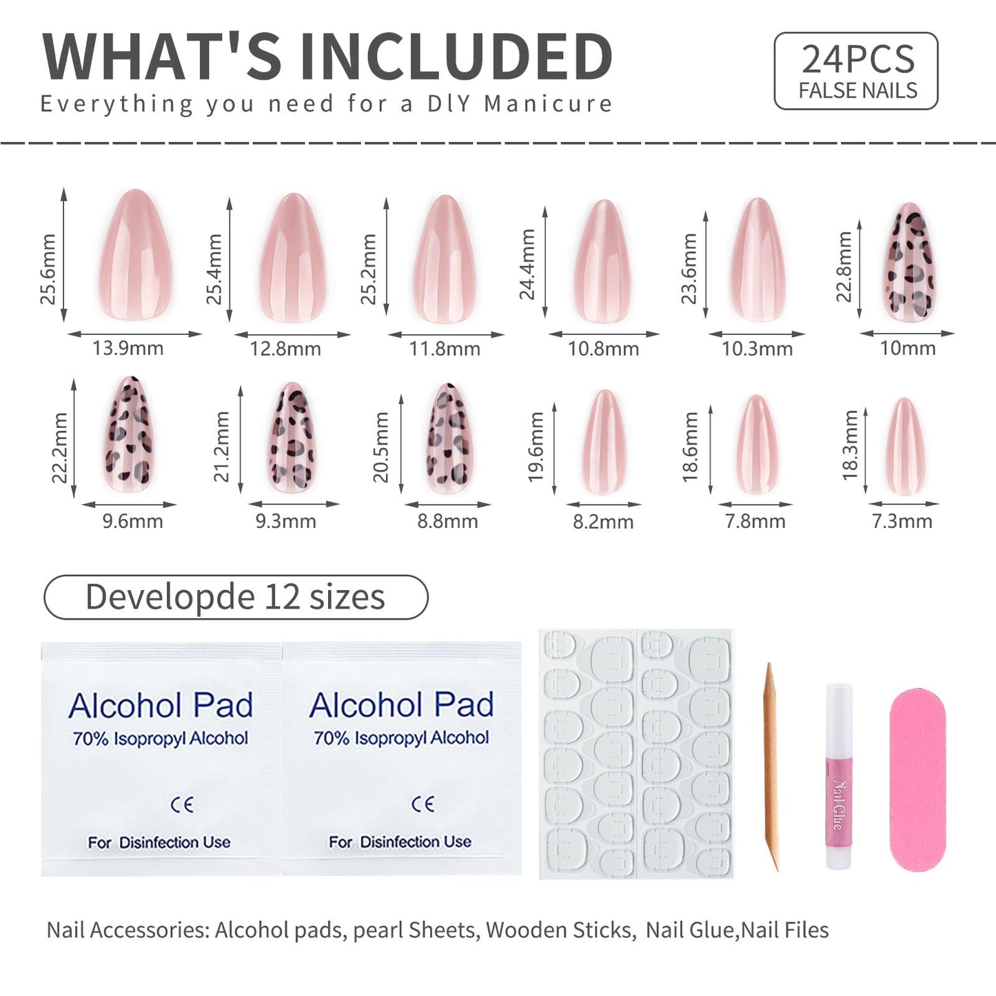 Leopard Print Press On Nails Long Almond Soft Gel Fake Nails, Nude Brown Glossy Animal Print Glue On Nails, Reusable Elegant False Nails for Women, Salon Quality 24PCS