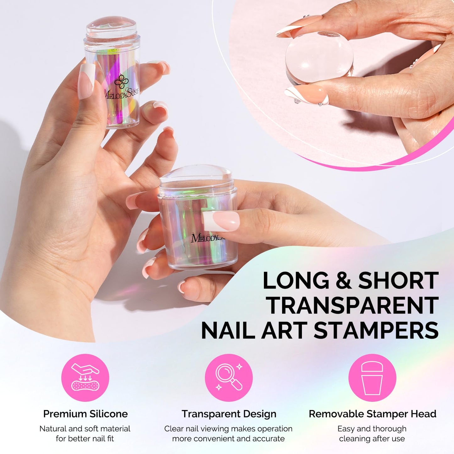 MelodySusie Nail Stamper Kit, 2 Sets Silicone French Tip Upgrade Stamp Tool MelodySusie Press-On Nails Short Square White French Tips