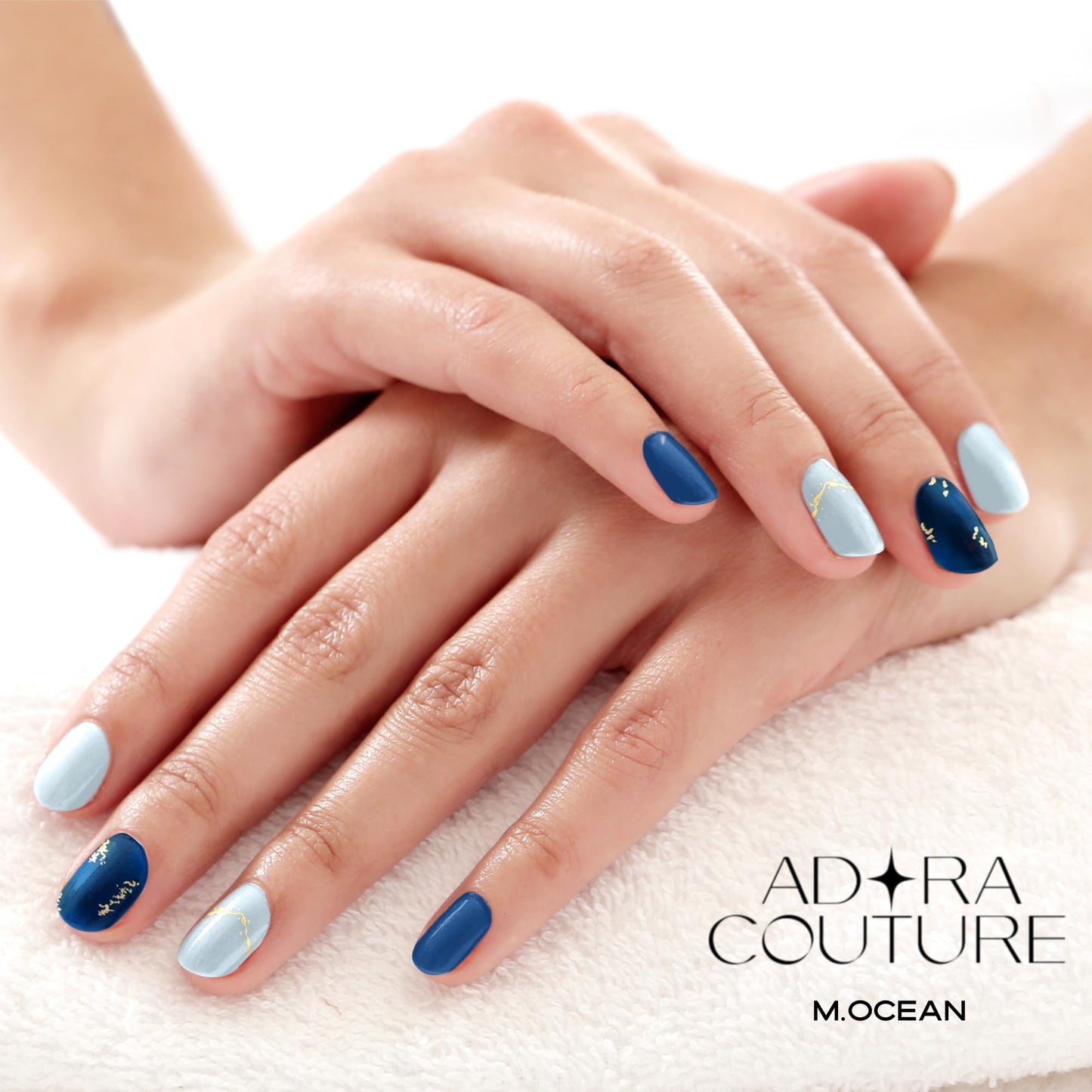 Adora Couture Semi-Cured Gel Nail Strips - 30 Salon-Quality Stickers with UV Light Required, Long Lasting, Easy Application & Removal, Includes Prep Pads, Nail File, Wooden Stick (Blue Ocean)