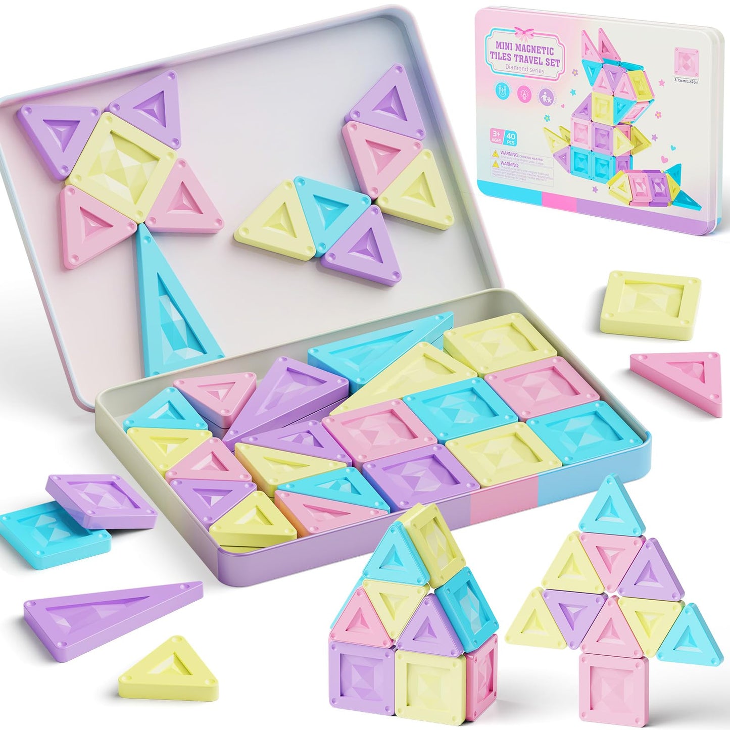 burgkidz Mini Magnetic Tiles Girls Travel Toy- 40 PCS Macaron Magnet Blocks with Pink Tin Box - 120 Mins Quiet Play for Airplane Car Essentials, Present for Girls Ages 3-8 Year Old