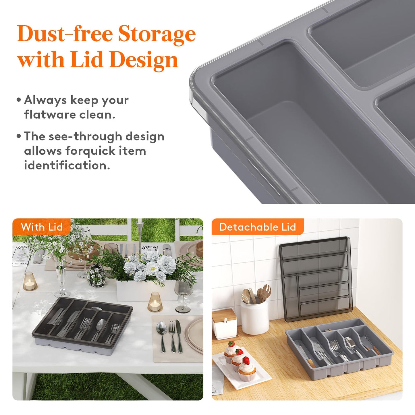 Lifewit Silverware Organizer with Lid, Covered Utensil Tray for Kitchen Drawer and Countertop, Plastic Cutlery and Flatware Storage Box for Spoons Forks Knives Holder Case, 12.6x11.8", Gray