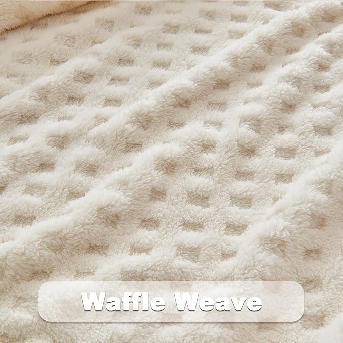NEWCOSPLAY Super Soft Throw Blanket Ivory Premium Silky Flannel Fleece 3D Waffle Checkered Lightweight Bed Blanket All Season Use (Ivory, Throw(50"x70"))