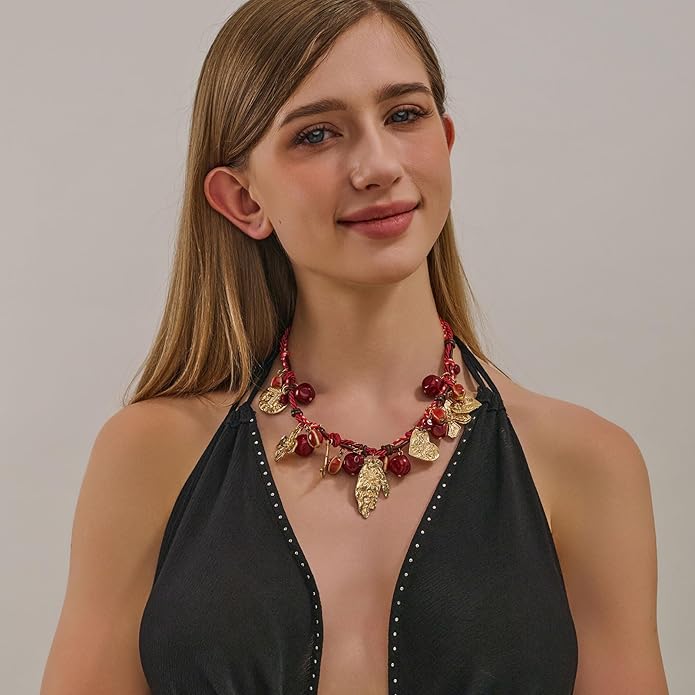 Bohemian Evil Eye Necklace for Women, Gold Plated Moon and Heart Pendant with Red Beaded Chain, Unique Charm Jewelry Gift(N9)