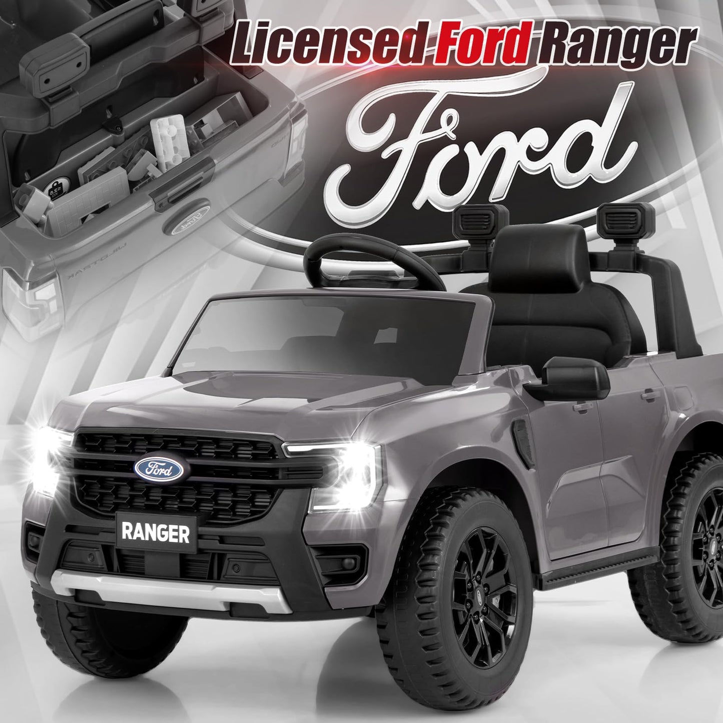 Licensed Ford Ranger Ride on Car for Kids by OLAKIDS, 12V Electric Vehicle Truck with Remote Control, Toddlers Battery Powered Toy with 2 Speeds Wheels Suspension Storage Space Bluetooth USB (Gray)
