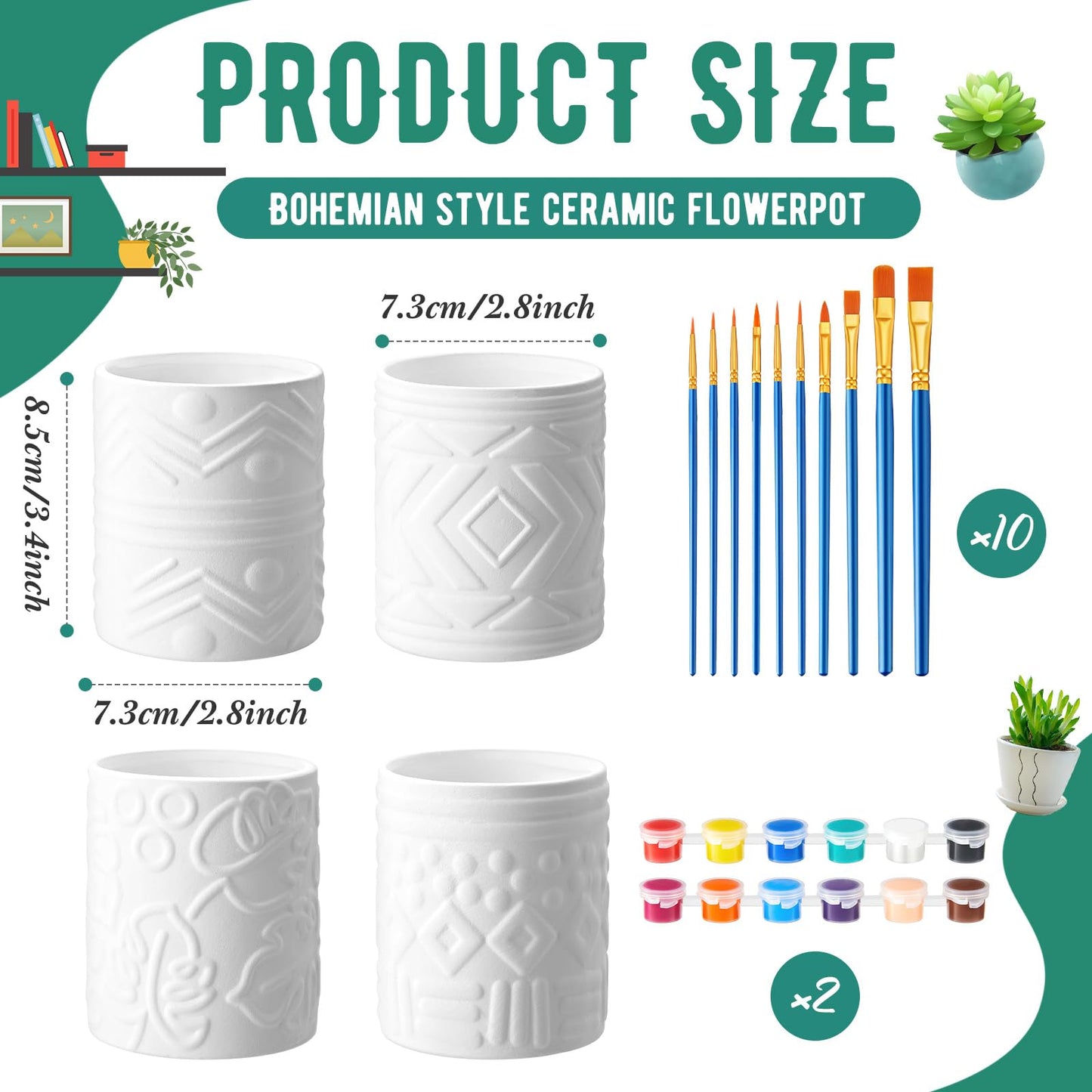 SiliFine Set of 11 Paint Your Own Kit DIY Flower Pot Painting Includes 8 Pcs Unpainted Ceramic Succulent Planters 2 Pcs Color Paints 1 Set Paint Brushes for Classroom Craft Activity (Bohemian)