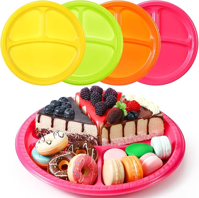 50 Pcs 10 Inch Plastic 3 Compartment Divided Plates Heavy Disposable Round Dinner Plates with Dividers for Wedding Birthday Party Dinnerware (Neon Color)