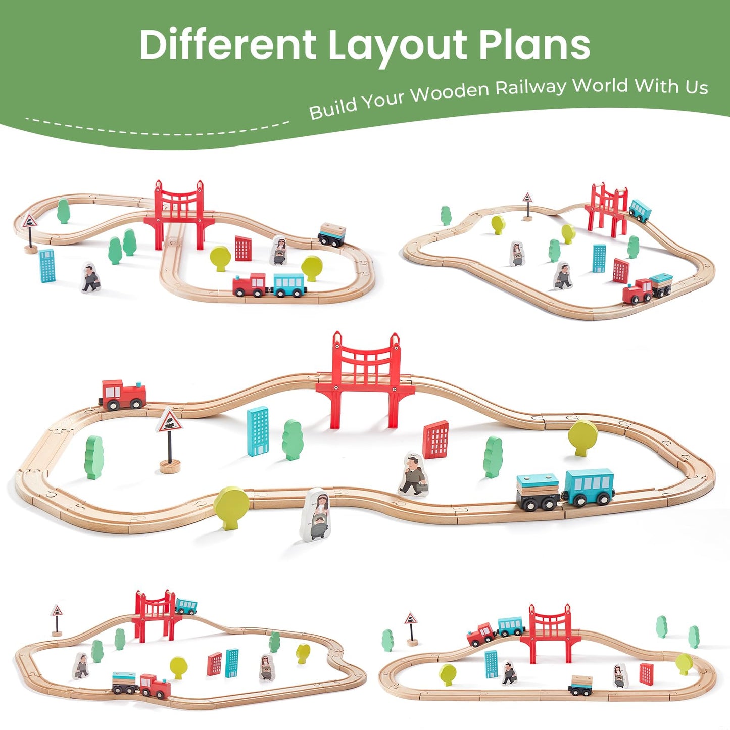 Tiny Land Wooden Train Set for Toddler - 39 Pcs- with Wooden Tracks Compatible with Major Brands - Expandable, Changeable-Train Toy for 3 4 5 Years Old Girls & Boys