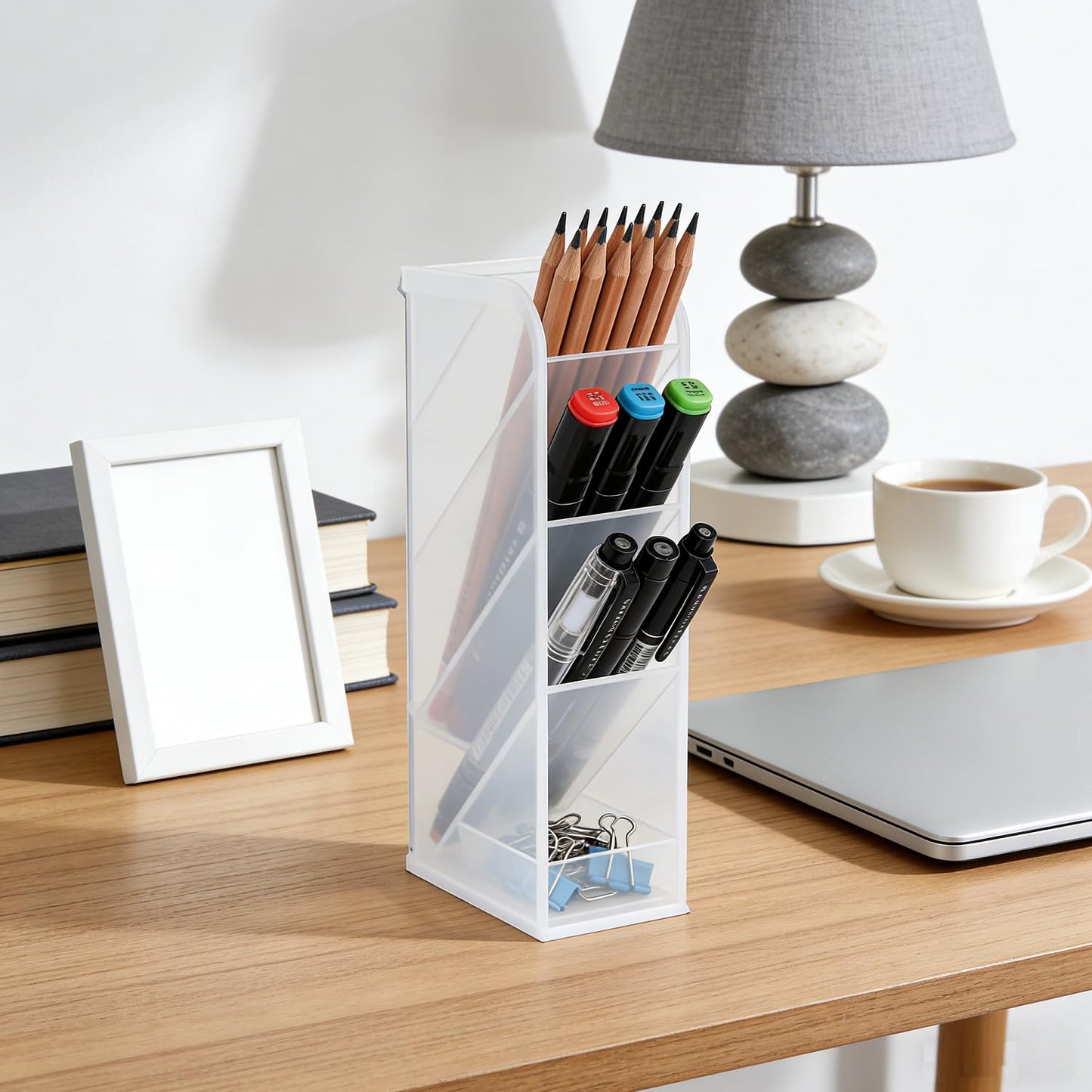 Tissting Pen Holder for Desk, 4 Compartment Pencil Organizer Tiered Vanity Countertop Makeup Brush Desktop Storage Rack, Plastic Angled Storage Organizer for Pen Makeup Brush(Transparent)