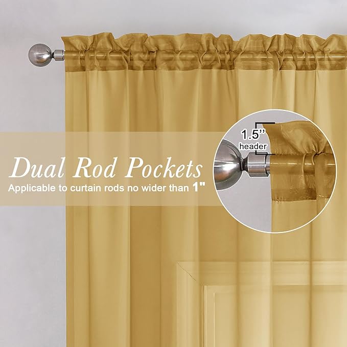 Lecloud Gold Sheer Curtains 120 Inches Long 2 Panels Set, Rod Pockets Light Filtering Curtains for Living Room Bedroom Dining Room, Solid Color Airy Voile Rustic Drapes, Each Panel 59" W x 120" L