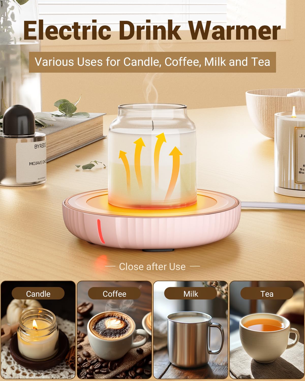 HouseGem Large Candle Warmer Plate - Coffee Cup Mug Warmer for Desk, Candle Melter, Electric Mug Heater for Beverages, Milk & Tea, Coffee Accessories Ideal Gifts Keep Cup Warm (Pink)