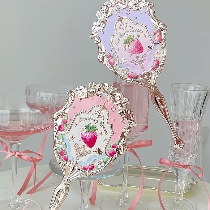 Flower Knows Violet Strawberry Rococo Hand Mirror,Vintage Portable Handheld Mirror,Fancy & Pretty Princess Mirror with Long Handle,Gift for Girls(Wisteria Purple)