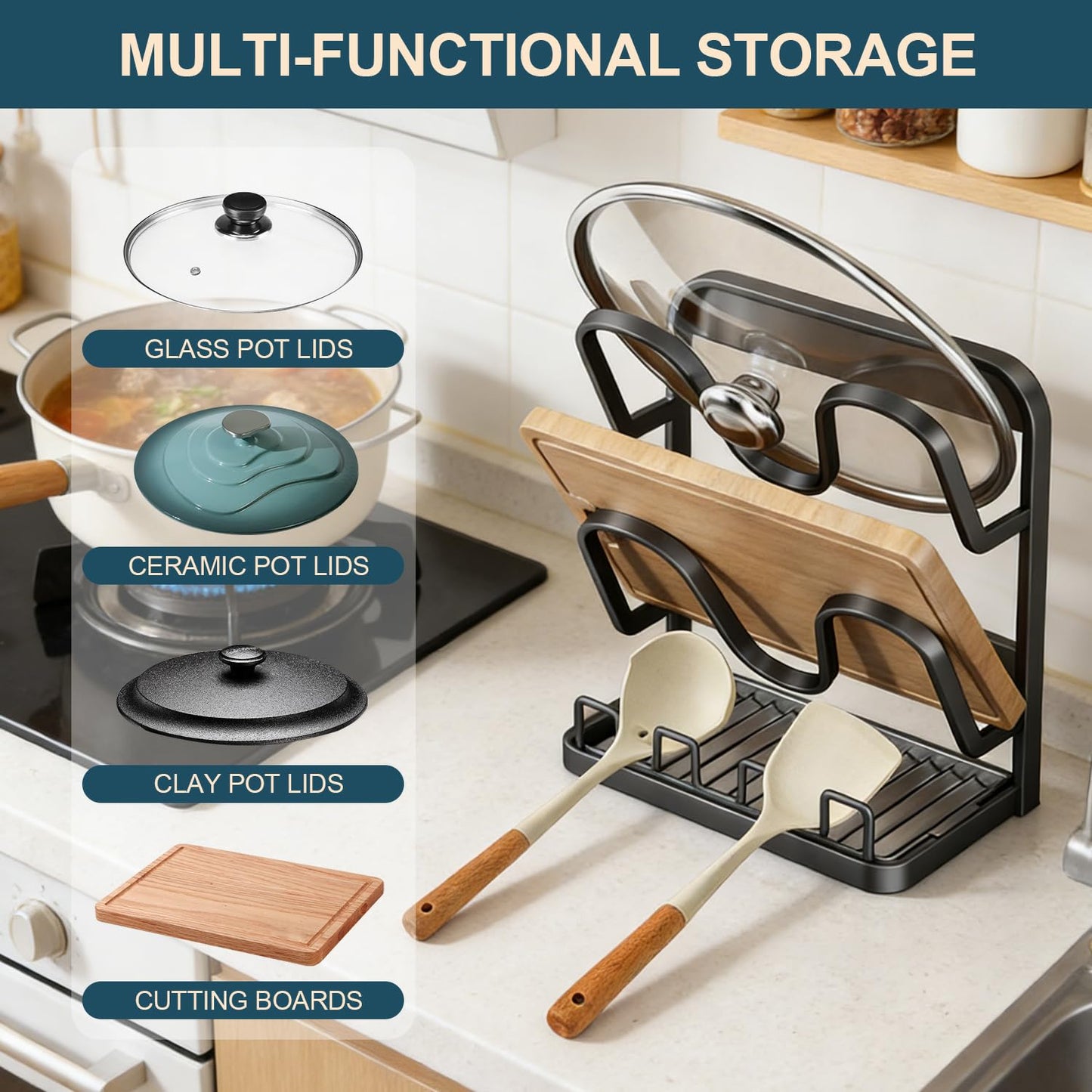 AMDISI Kitchen Pot Lid Storage Rack: Carbon Steel Double-Layer Holder & Spoon Rest with Removable Drip Tray, Pot Cover Holder While Cooking, Pot Lid Organizer for Kitchen Counter Space Saving(Gray)