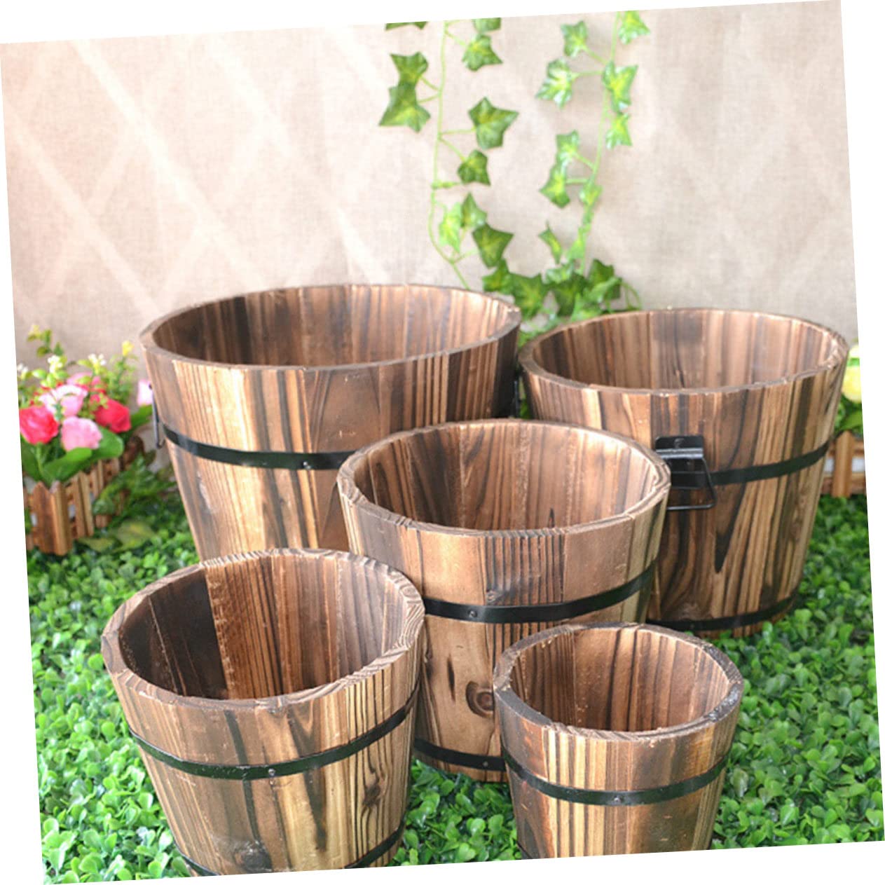 Yardenfun 3Pcs Wooden Barrel Pot Rustic Succulent Planters for Decor Wooden Bucket Planters for Indoor and Outdoor Use