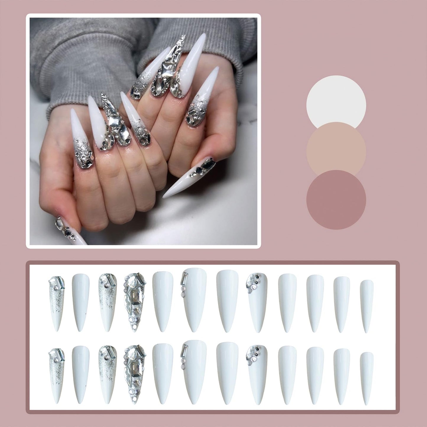 SINHOT Luxury Rhinestone Acrylic Glossy Glue on Nails - White Almond Artificial Stick on False Nails with Design 24 pcs