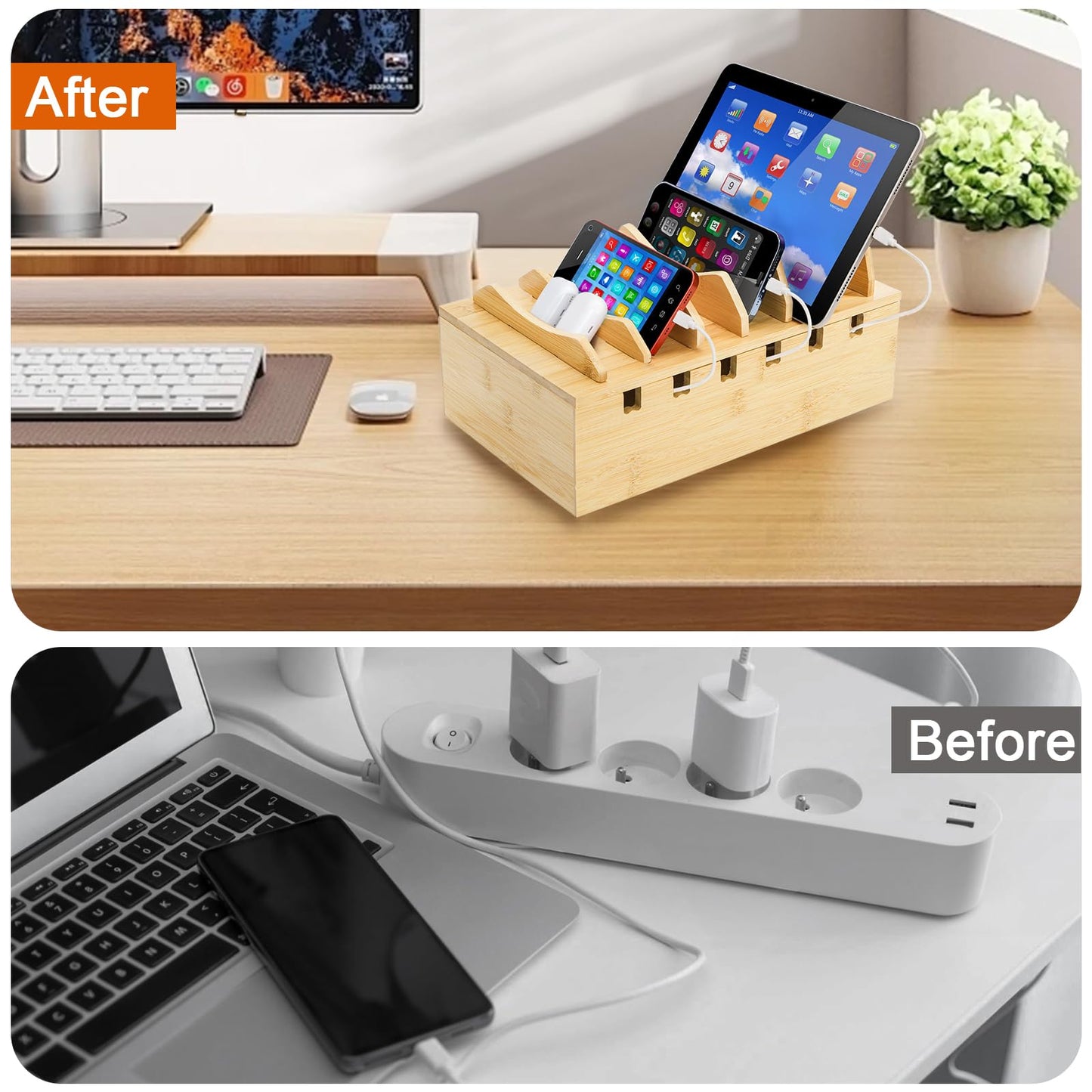 WRINGKIT Bamboo Charging Station for Multiple Devices, Desktop Charging Organizer with Removable Divider Slots, Docking Stations Stand for 6 Devices, Compatible with Tablets, iPads, Cell Phone, Laptop