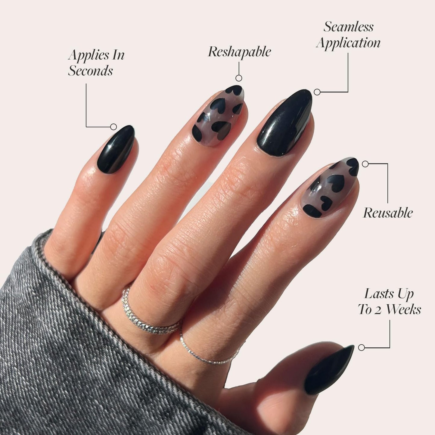 Glamnetic Press On Nails - Love Me Not | Opaque, Semi-transparent, Glossy Black Heart Fake Nails, Salon Quality | 15 Sizes - 30 Nail Kit with Glue