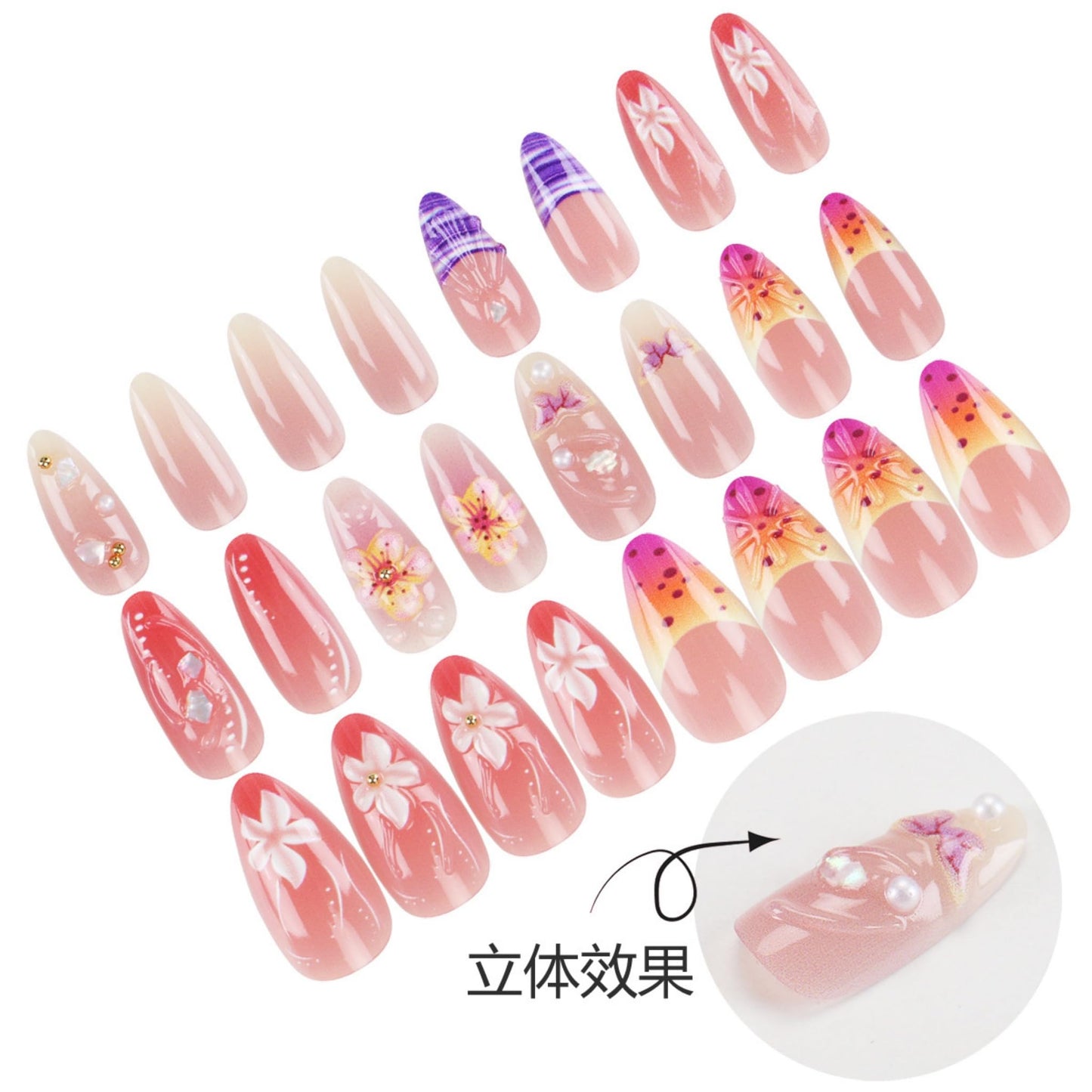 Long Press on Nails Almond Fake Nails Pink Artificial Nail 3D Flowers Rhinestones Handmade Summer Stick on Nail for Women 24pcs