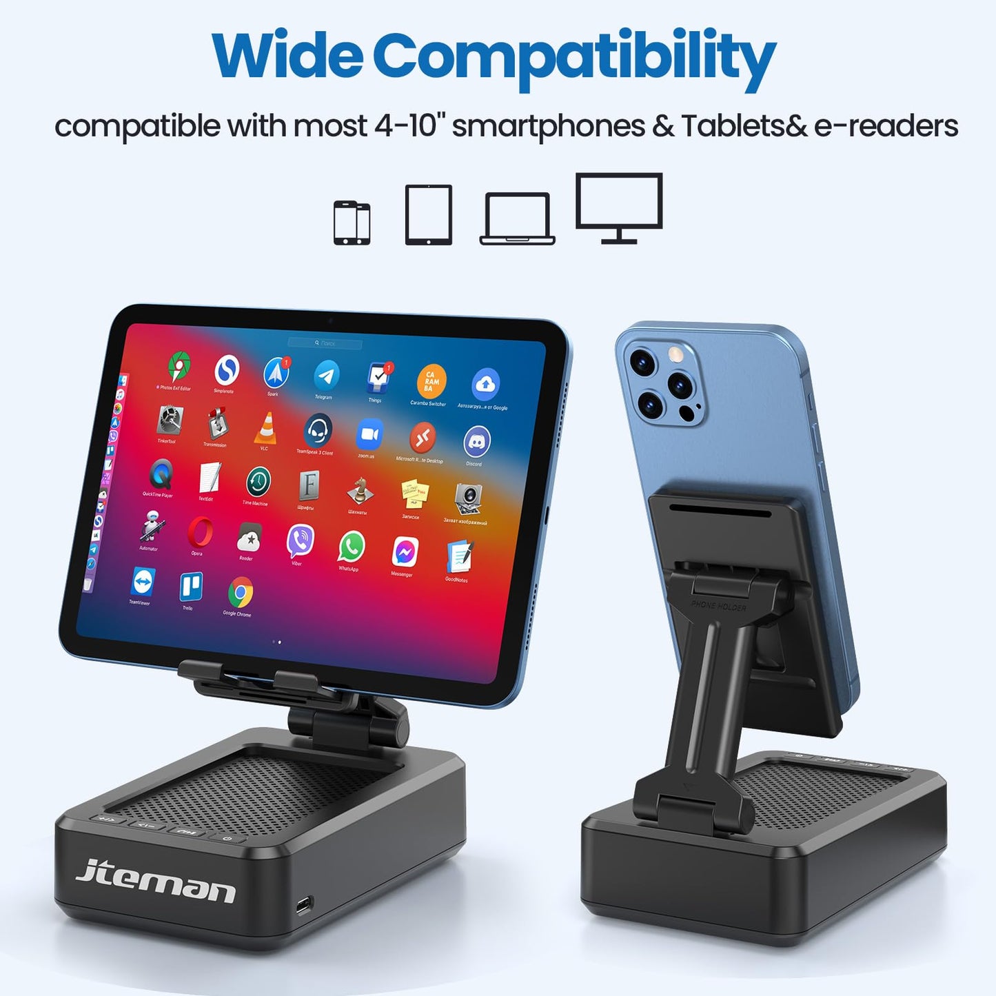 JTEMAN Cell Phone Stand with Bluetooth Speaker, HD Stereo Sound & Anti-Slip Base, Foldable Adjustable Desktop Phone Holder for Home Office, Cool Tech Gadgets Birthday Gifts for Men Women (Black)