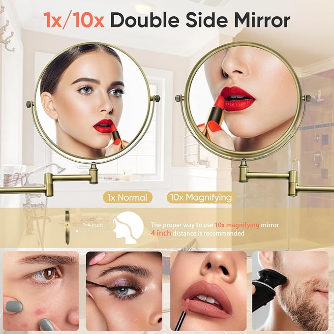 GURUN 8-Inch Double-Sided Wall Mount Makeup Mirrors with 10x Magnification Bathroom Mirror for Hotel Antique Satin Brass Finished M1406K(8in,10X)