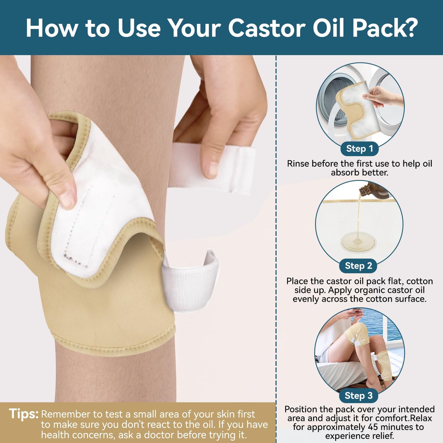 Taoscare Upgraded Castor Oil Pack Wrap – Larger Knee Size for Men & Women, Organic Cotton Caster Oils Compress Pads for Elbow, Arm & Thigh, Adjustable Velcro Elastic Strap, Waterproof & Reusable (2 Pack)
