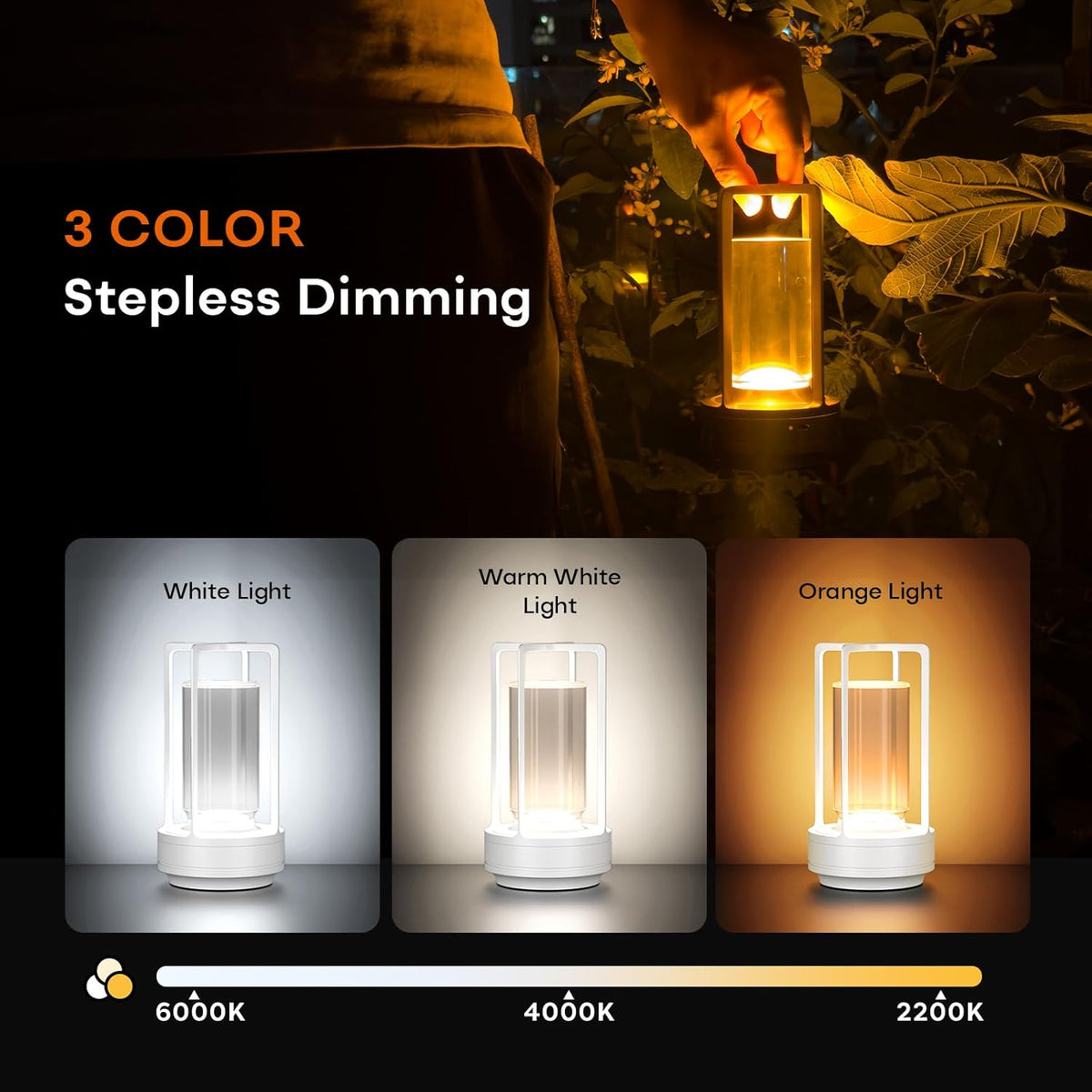 Portable Metal Table Lamp for Indoor/Outdoor ,Rechargeable Cordless LED Lamp, 3-Colour Infinitely Dimming Battery Powered Small Desk Lamp, Restaurant/Bedroom/Bar/Coffee/Camping Light (White Set of 2)