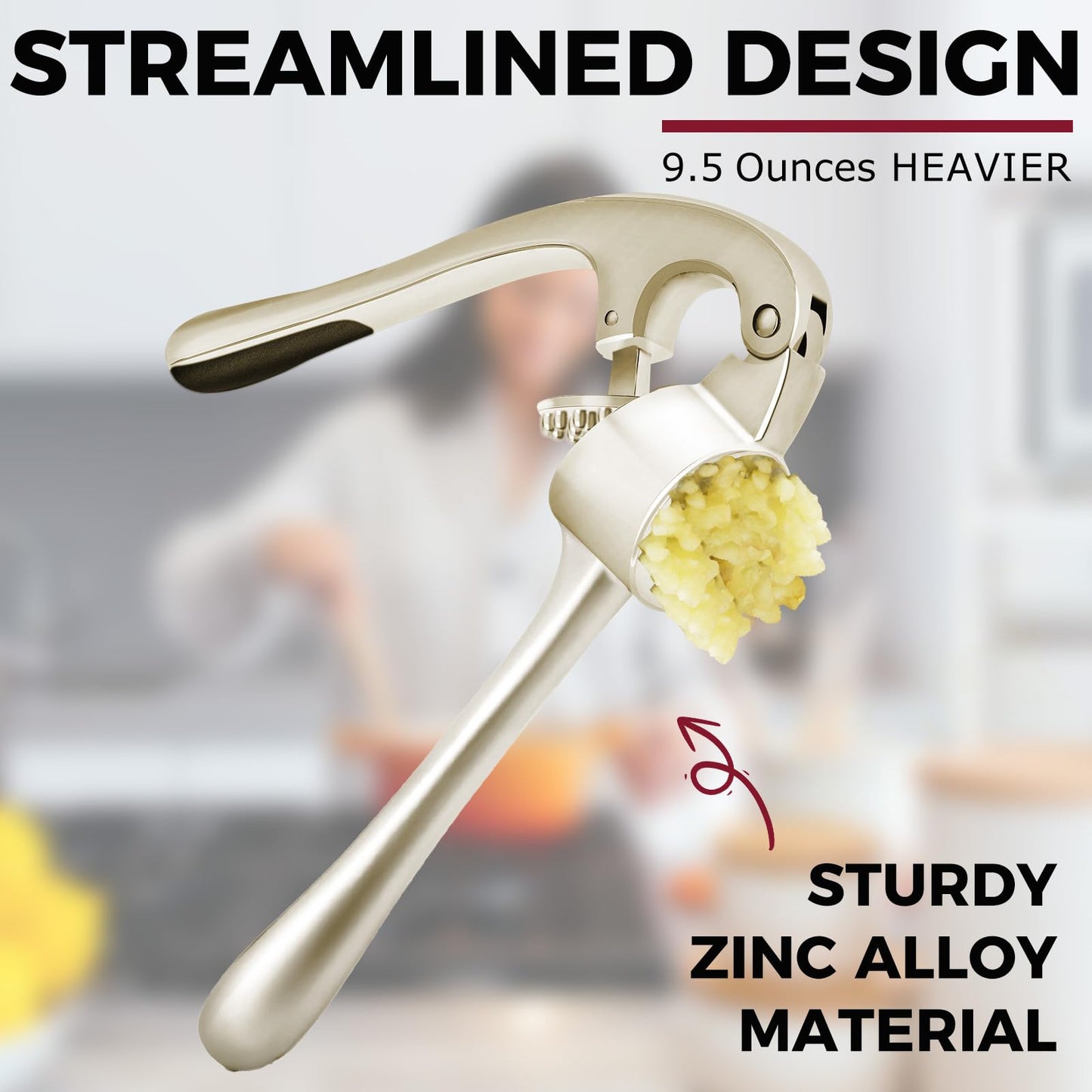 Kitessensu High Effective Garlic Press With Studs, Heavy Duty Garlic Mincer, Easy to Squeeze and Clean, Rust Proof, Ginger Crusher- Imperial Silver