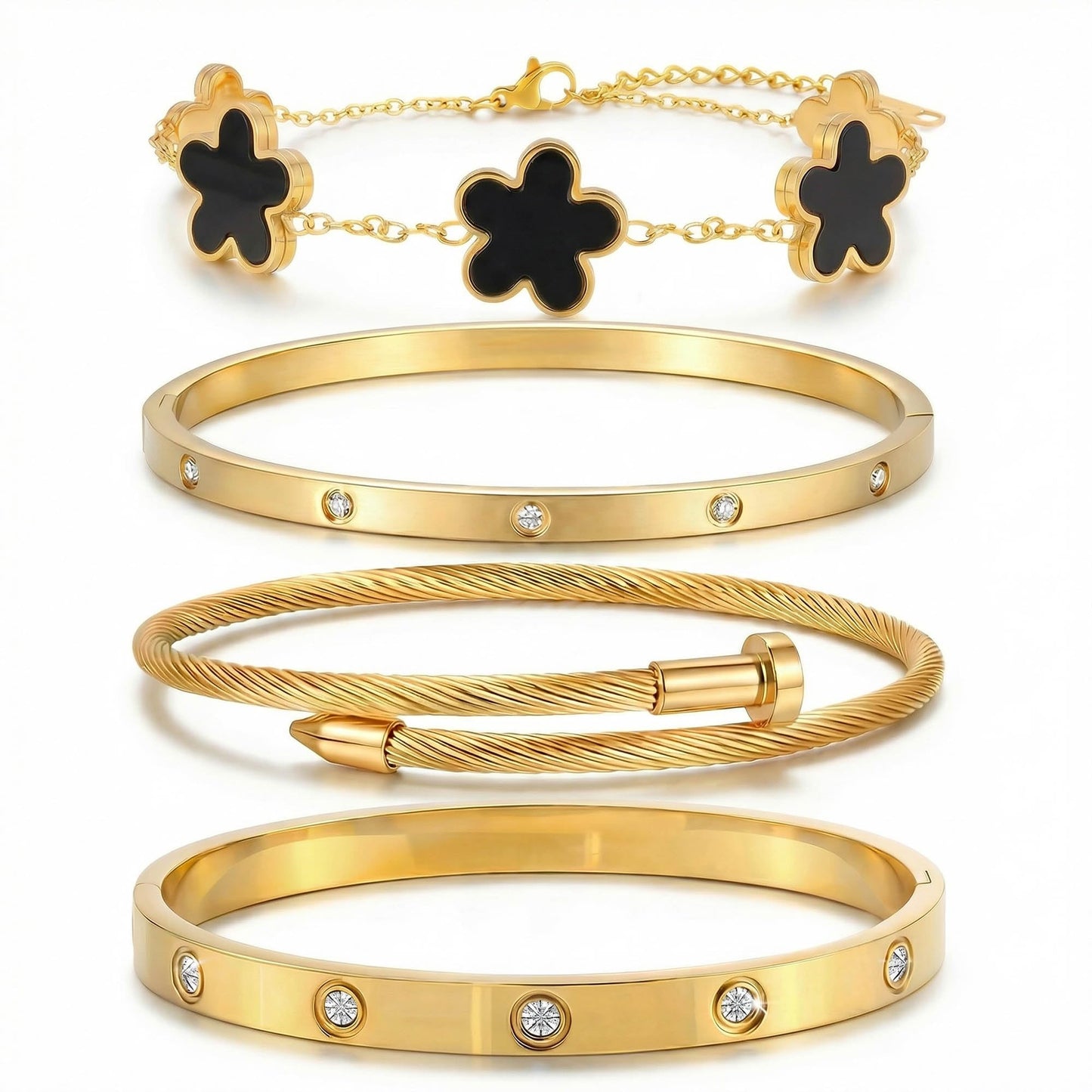 ISELBDR 18K Gold Bracelets for Women - Stackable Clover & Nail Love Bangle Set - Non-Tarnish Stainless Steel Jewelry for Valentine's, Mother's Day & Christmas (Black)