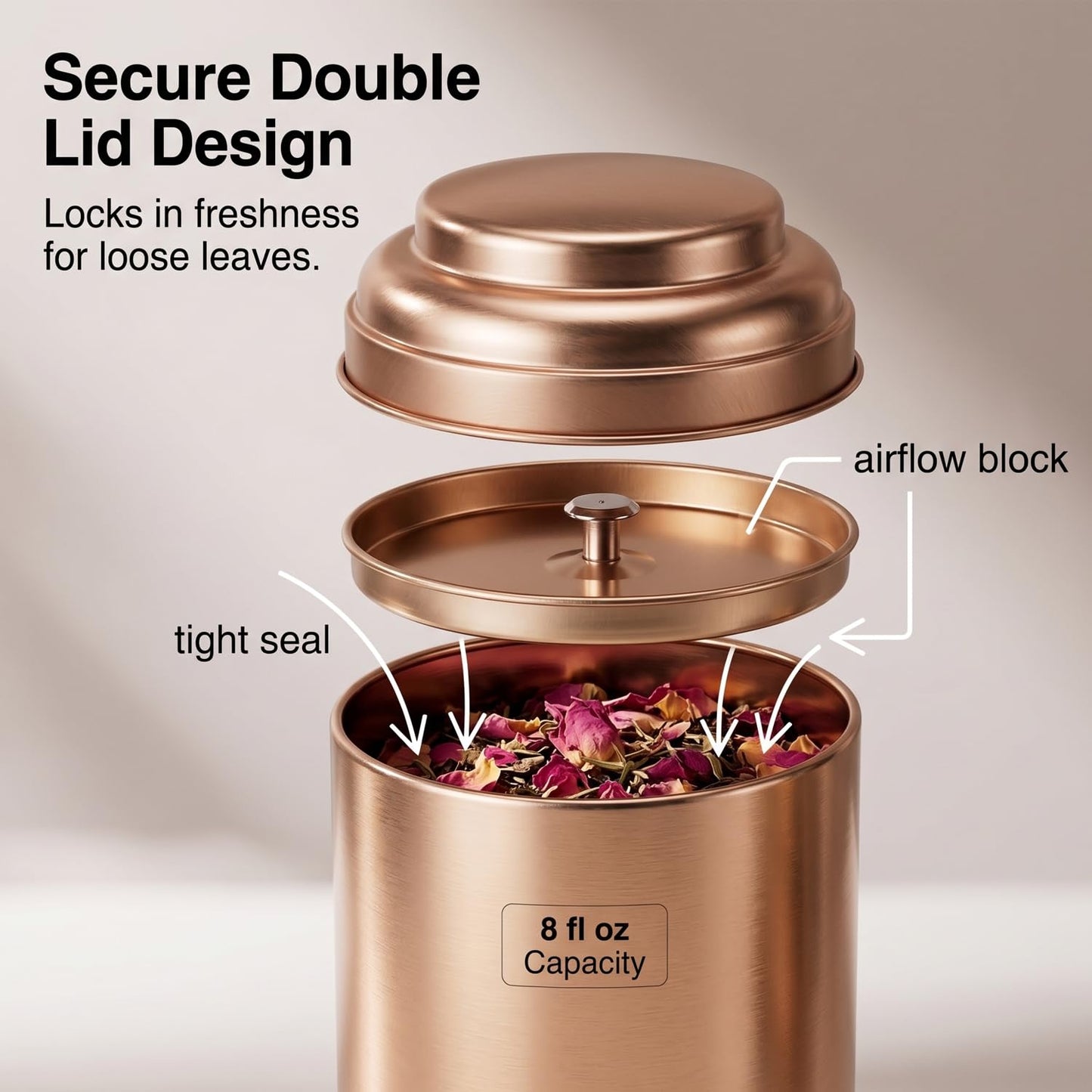 QWORK Tea Tin Canisters with Airtight Double Lids, 8 fl oz Each, 6 Pack Metal Containers, Mini Tea Storage Containers for Loose Leaf Tea, Tea Bags, Coffee, Sugar, Spices, Rosegold
