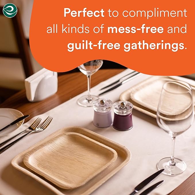 ECO SOUL 7&10 Inch Disposable Palm Leaf Bundle Plates [100 Pack] Premium Food-Safe Heavy Duty Compostable Bamboo Paper Plates for Lunch, Dinner, Weddings, Party, Camping & Catering Events [Square]