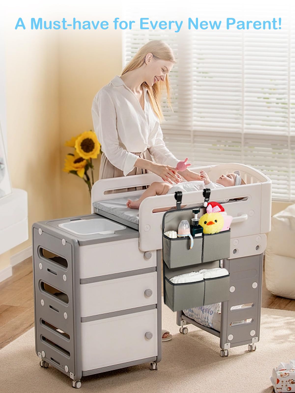 KIKJOK Hanging Diaper Organizer for Crib/Playpen/Bassinet – Hold 80+ Diapers - 4 Deep Pockets-H19in x L15 in Changing Table Diaper Holder - Hanging Diaper Storage Stacker Nursery Caddy - Gray